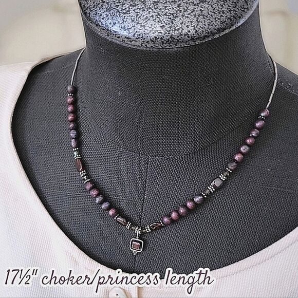 Vtg garnet and smokey metallic glass bead necklace - Picture 1 of 7